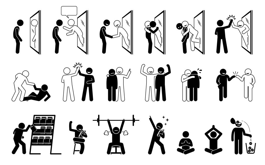 pictograms depicting a man finding himself and high-fiving himself to improve his self-respect and self-love