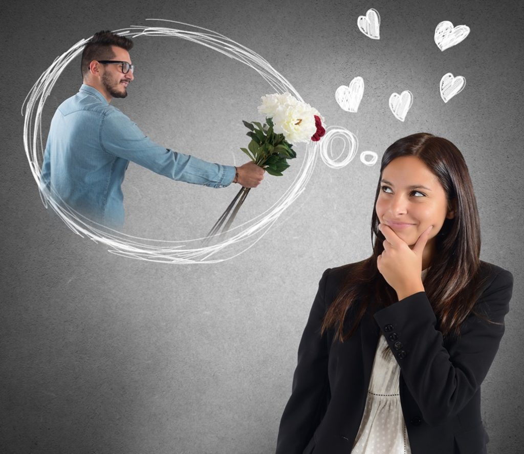 woman thinking about man giving her flowers falling in love, missing him and craving him